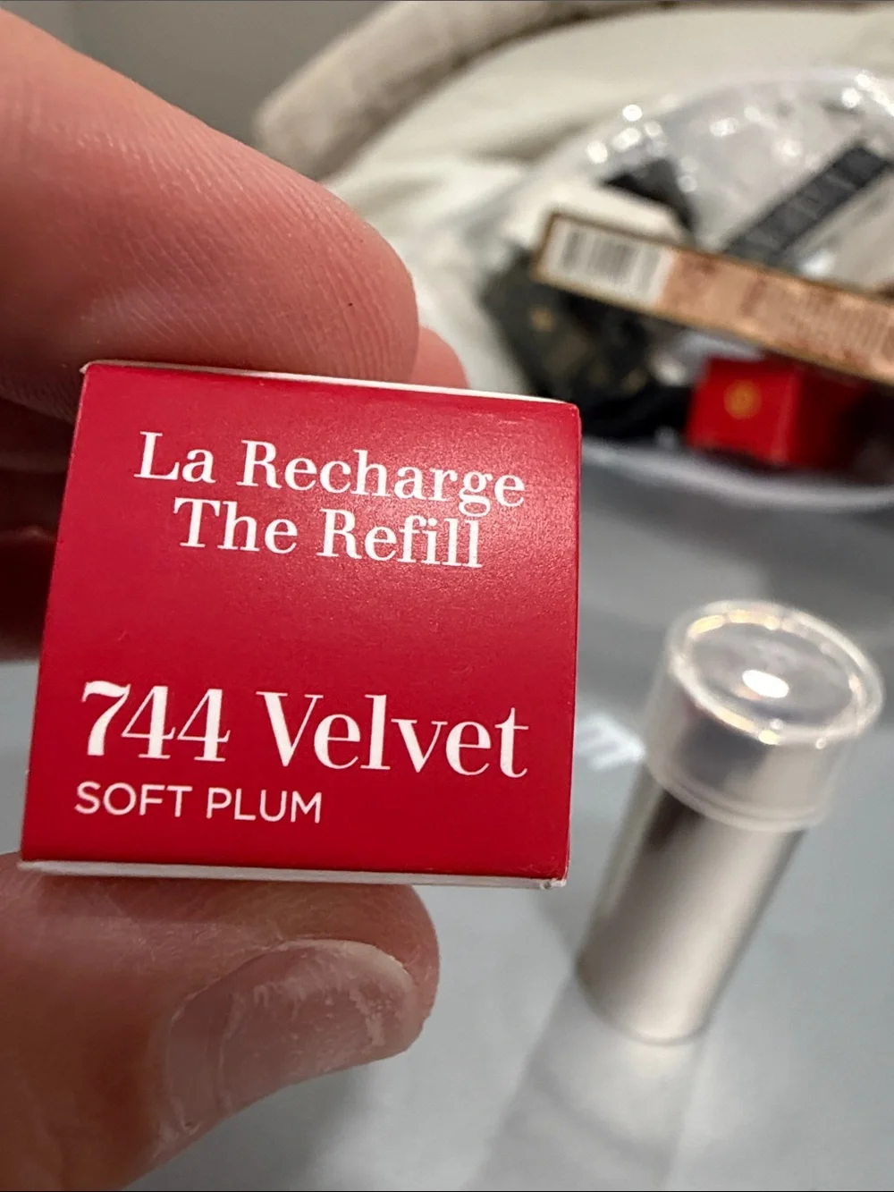 Clarins Joli Rouge Velvet Refill 744V Soft Plum - Silver Tube with Red Accents